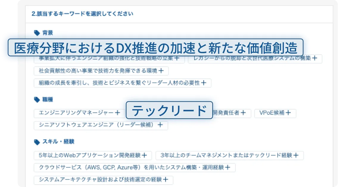 AIがキーワードを提示！好きなものを選択すれば、求人票を生成